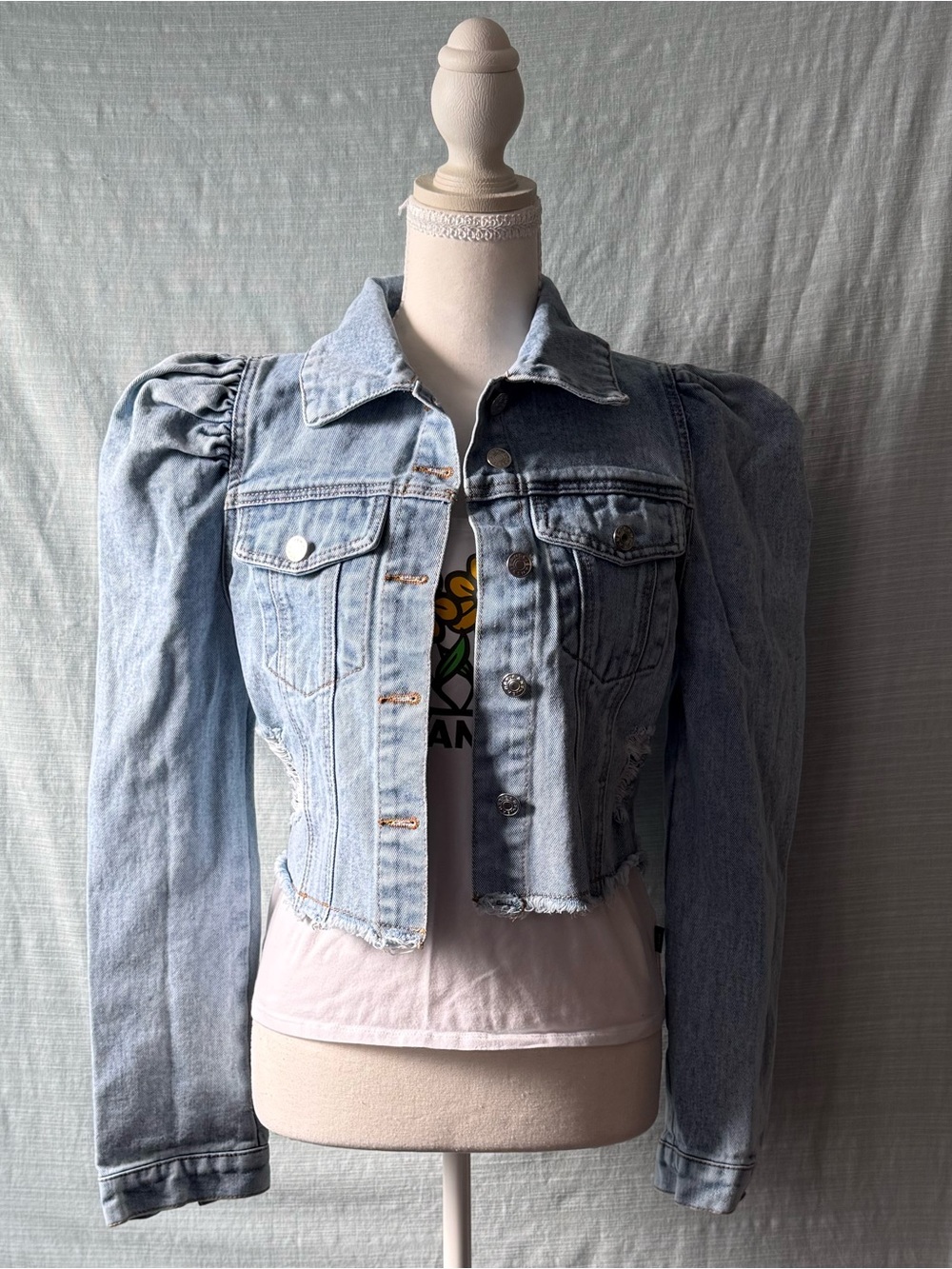 Light Blue Puff Sleeve Cropped Jean Jacket